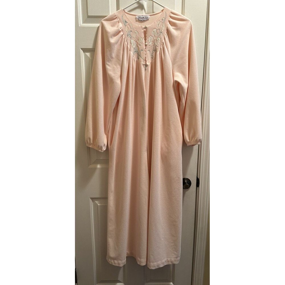 Vtg Vanity Fair Peach Velour Fleece Zip Long Robe Housecoat Pockets Embroidery M